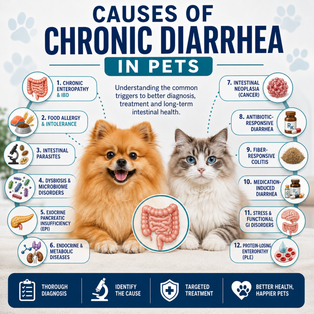 Chronic diarrhea in pets can stem from digestive, immune, infectious, or systemic diseases, making accurate diagnosis and evidence-based veterinary care critically important.