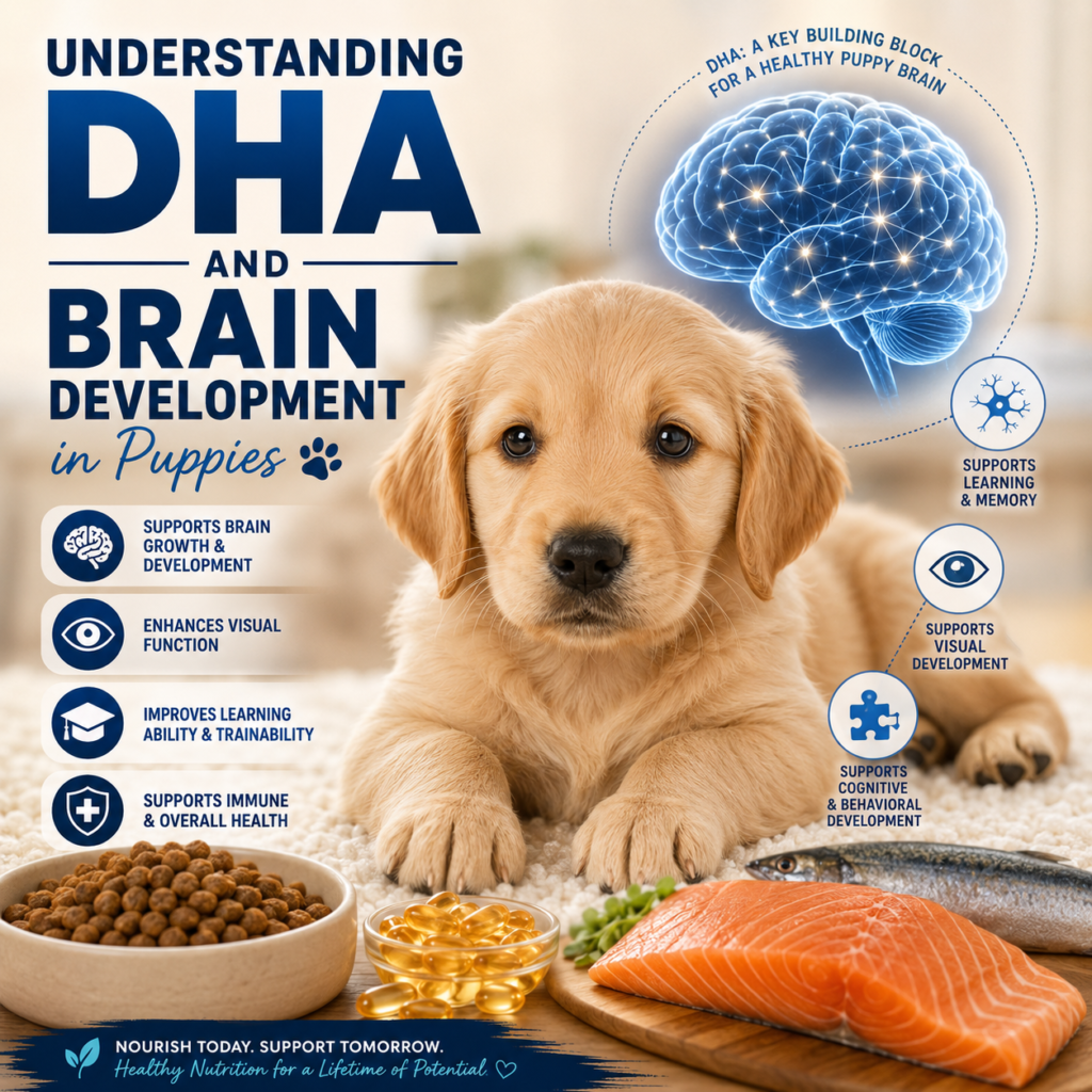 Discover how DHA supports puppy brain development, learning ability, vision, memory, and long-term cognitive health through scientifically researched veterinary nutrition.