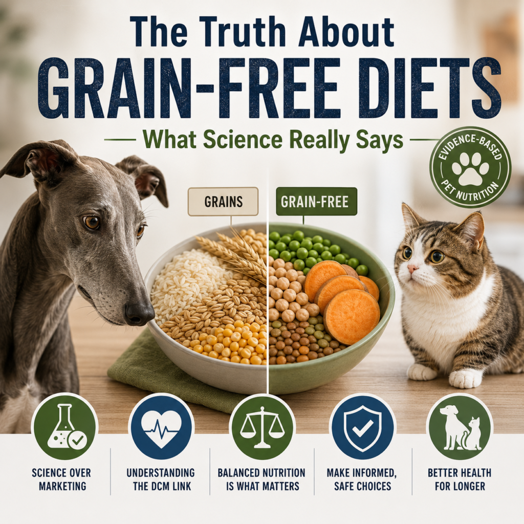 Learn what veterinary research actually says about grains, heart disease risks, and choosing balanced nutrition for pets.