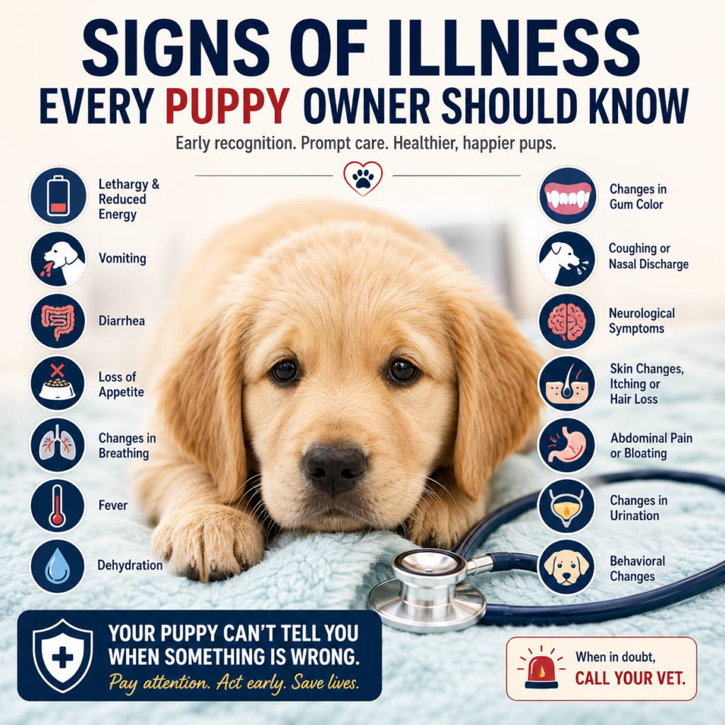 Learn the critical warning signs of illness in puppies, from vomiting and lethargy to breathing changes, dehydration, and emergencies requiring immediate veterinary attention.