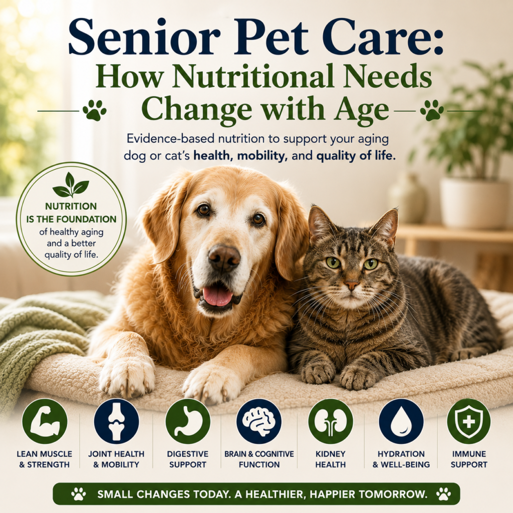 Learn how aging changes your pet’s nutritional needs and discover science-backed strategies to support mobility, muscle health, digestion, cognition, and healthy longevity.