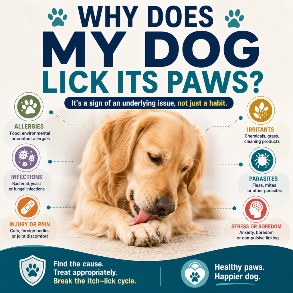 Persistent paw licking can signal allergies, infection, irritation, parasites, pain, or other underlying issues. Learn the common causes, recognize important warning signs, understand the itch–lick cycle, discover why the underlying problem matters
